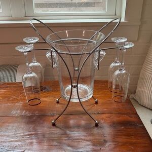 Vintage Glass Godinger Champs Ice Bucket and 4 Silver Rimed Champ Glasses